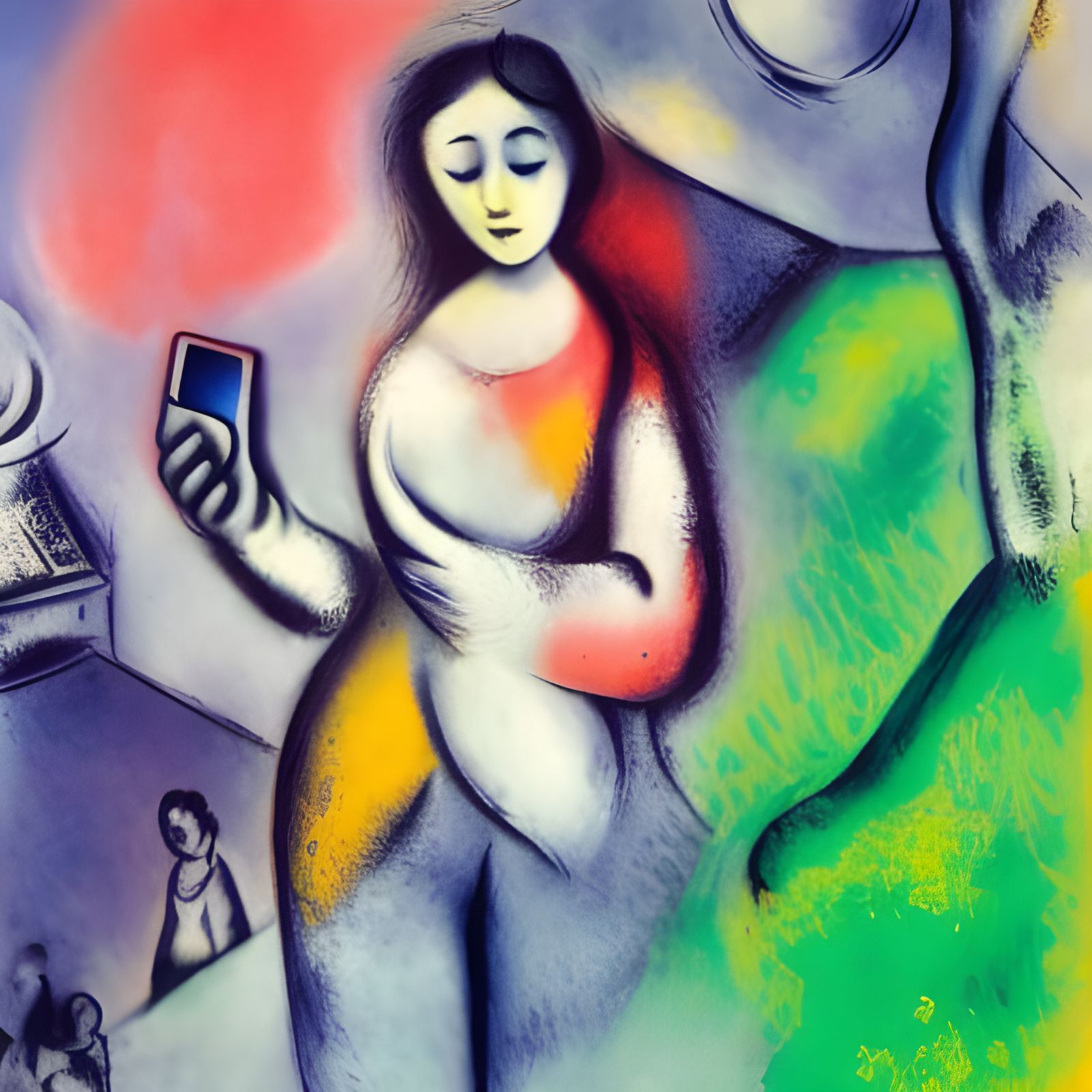 girl holding a cell phone in the style of chagall