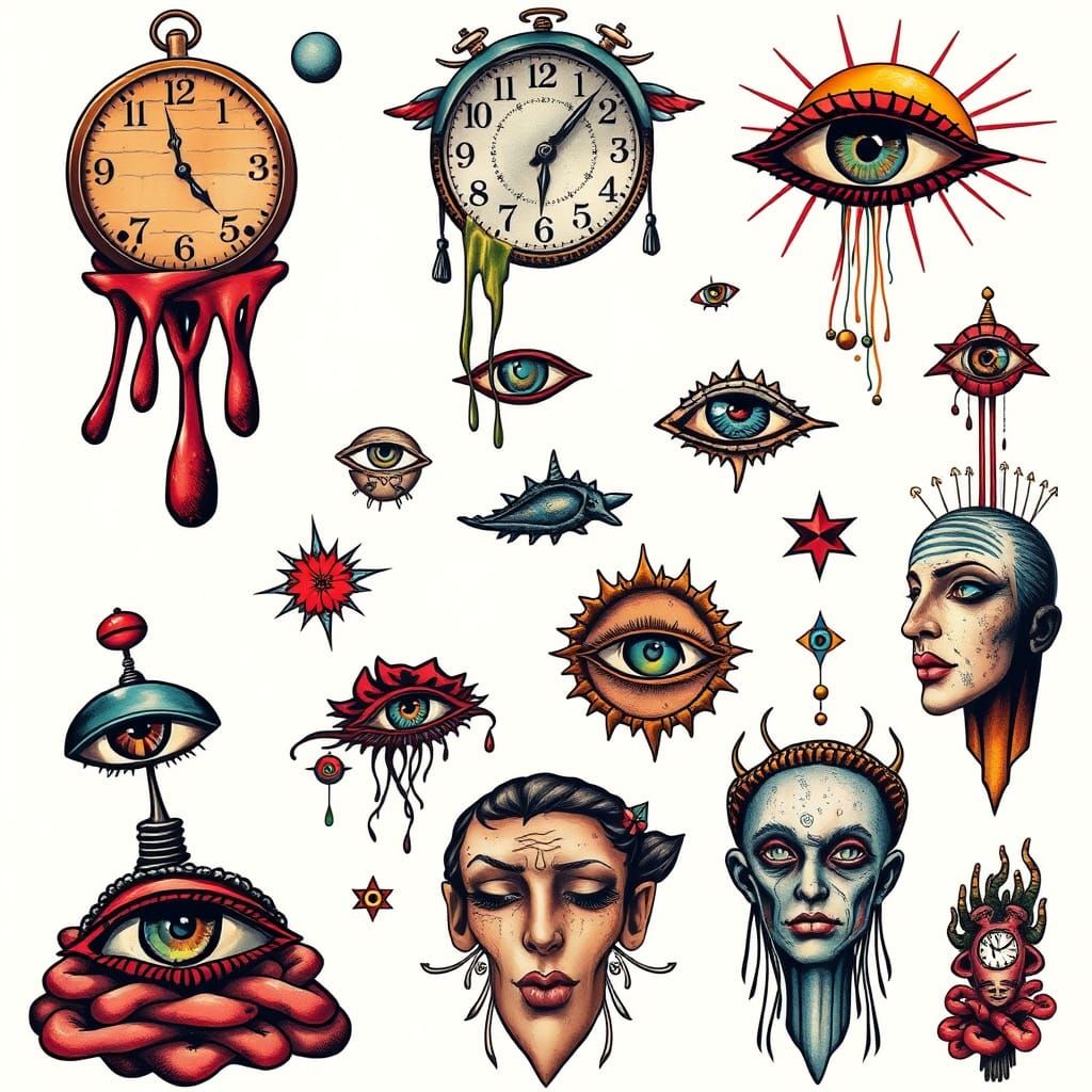 Surreal Flash Tattoo Sheet in a Dreamlike Style