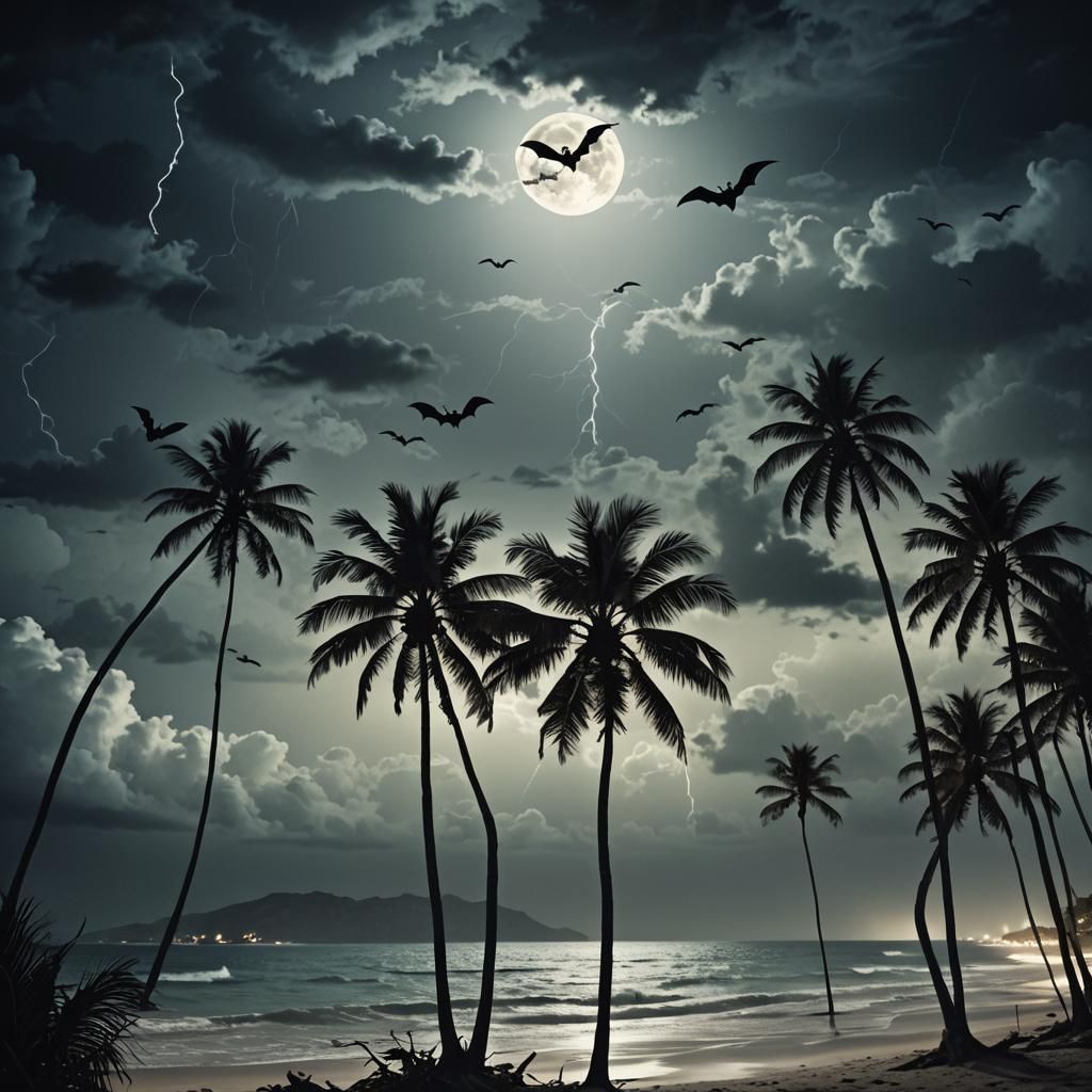 Tropical Beach at Night: Dark Fantasy Art