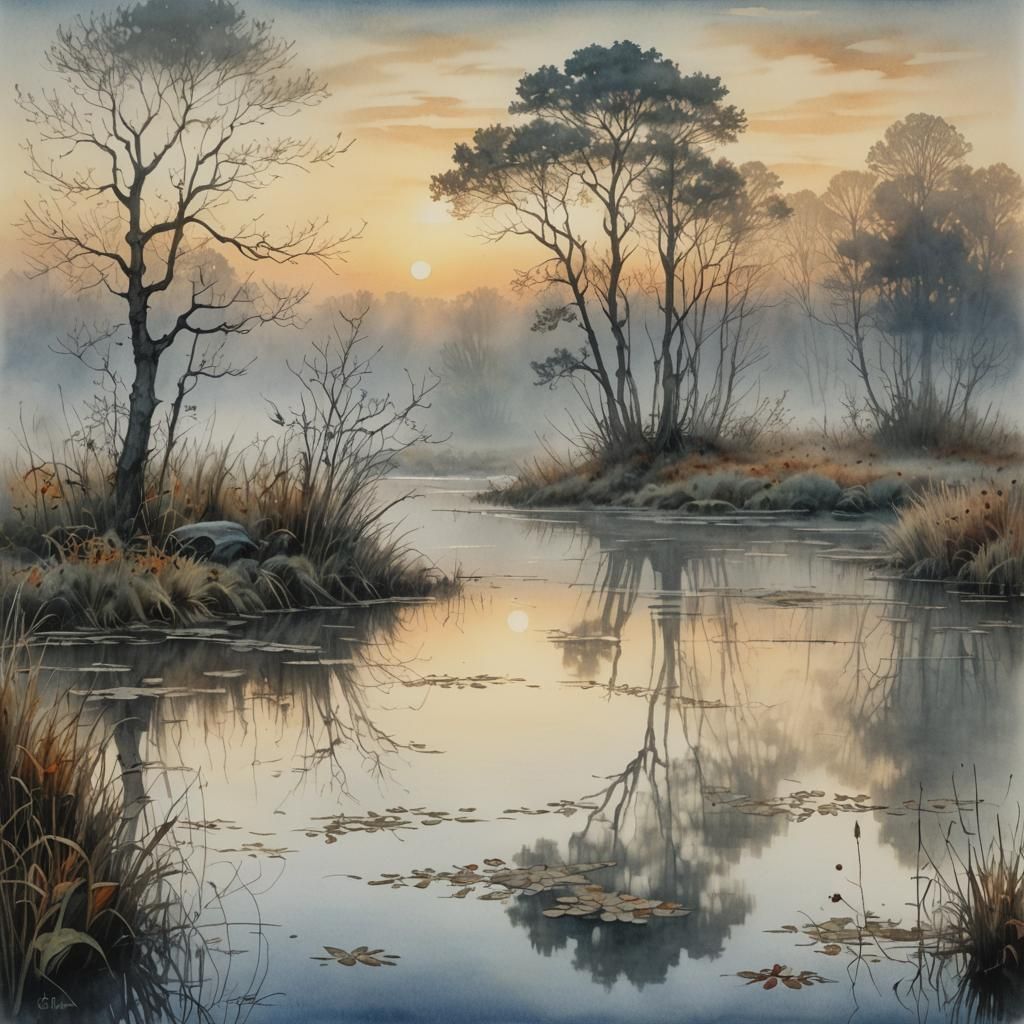 Misty Autumn Sunrise: Watercolor Art in Pastel Colors