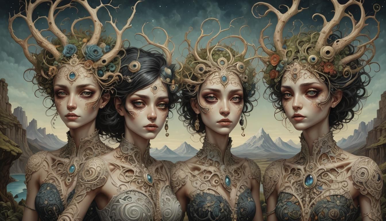 Surreal Androgynes Dancing in a Detailed Landscape