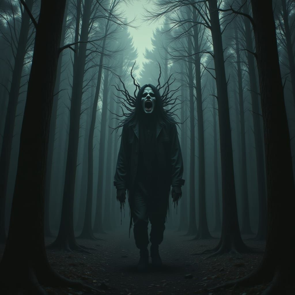 Eerie Forest Figure Screaming in Horror Style