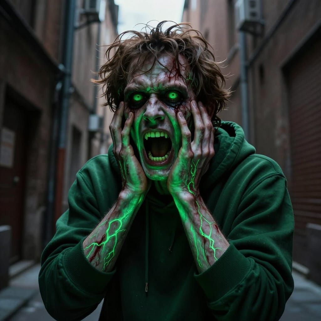 Man Transforms Into Hulk With Glowing Veins in Alley