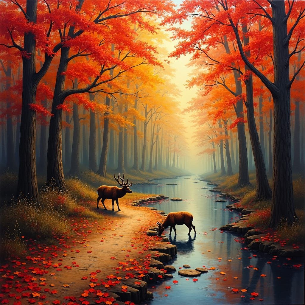 Autumn Forest Path with Deer: A Vibrant Painting