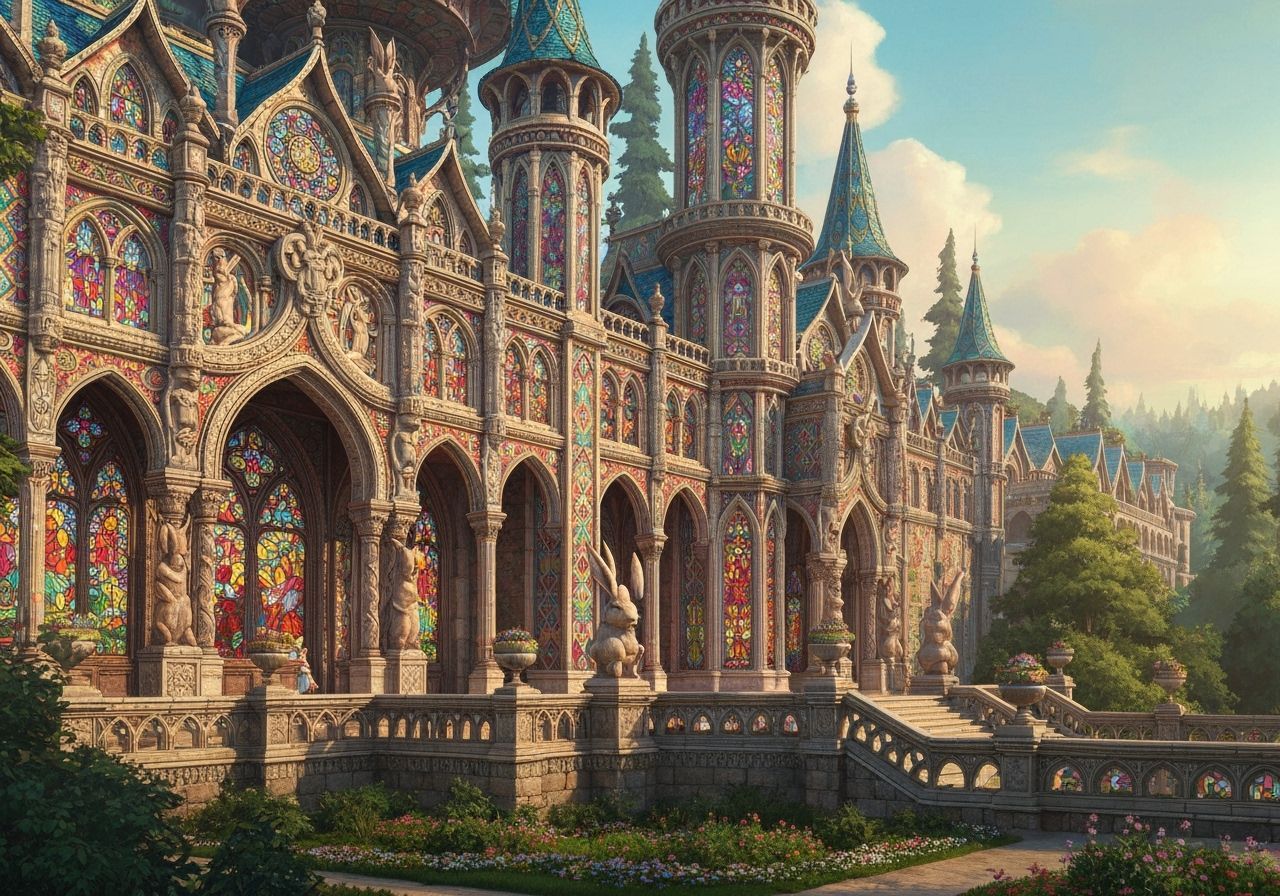 Rabbit Palace with Stained Glass in Whimsical Style