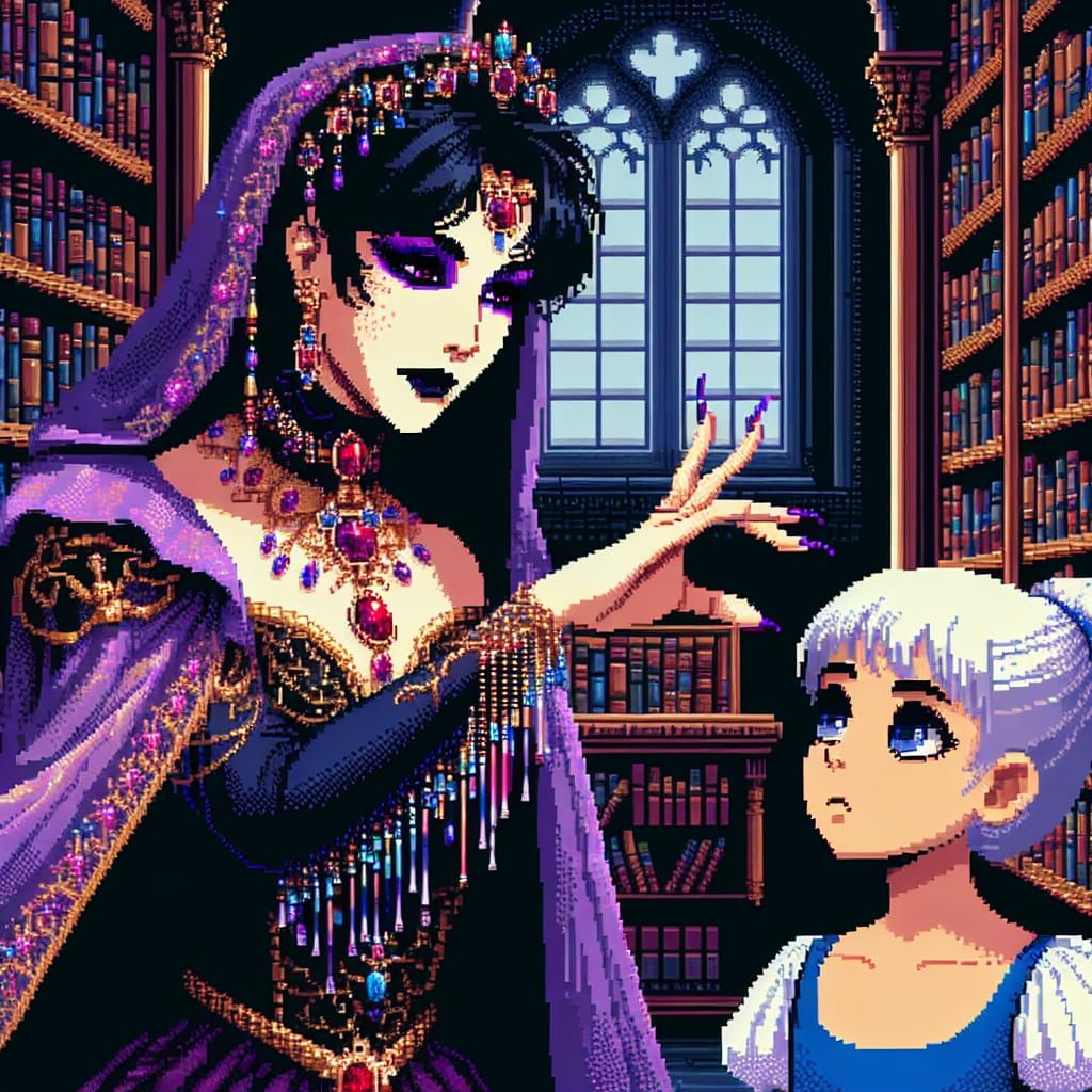 Sorceress and Princess in Ancient Library Pixel Art