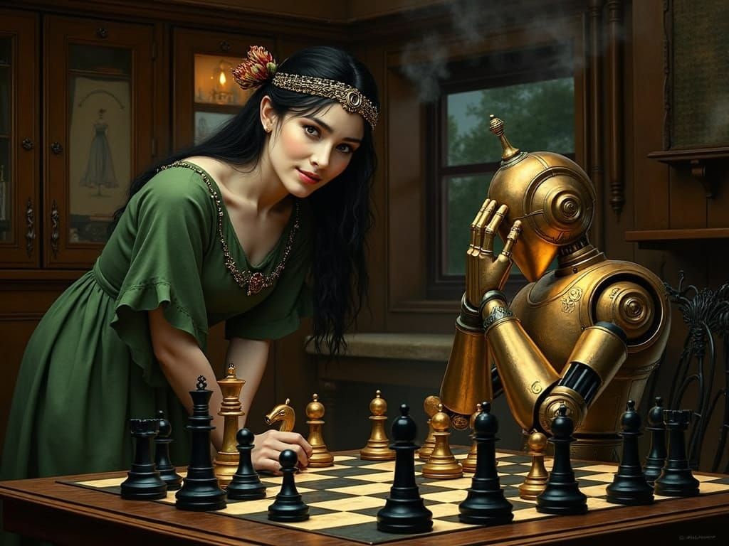 Victorian Era Fairy Woman Engages Chess Match with Brass Rob...