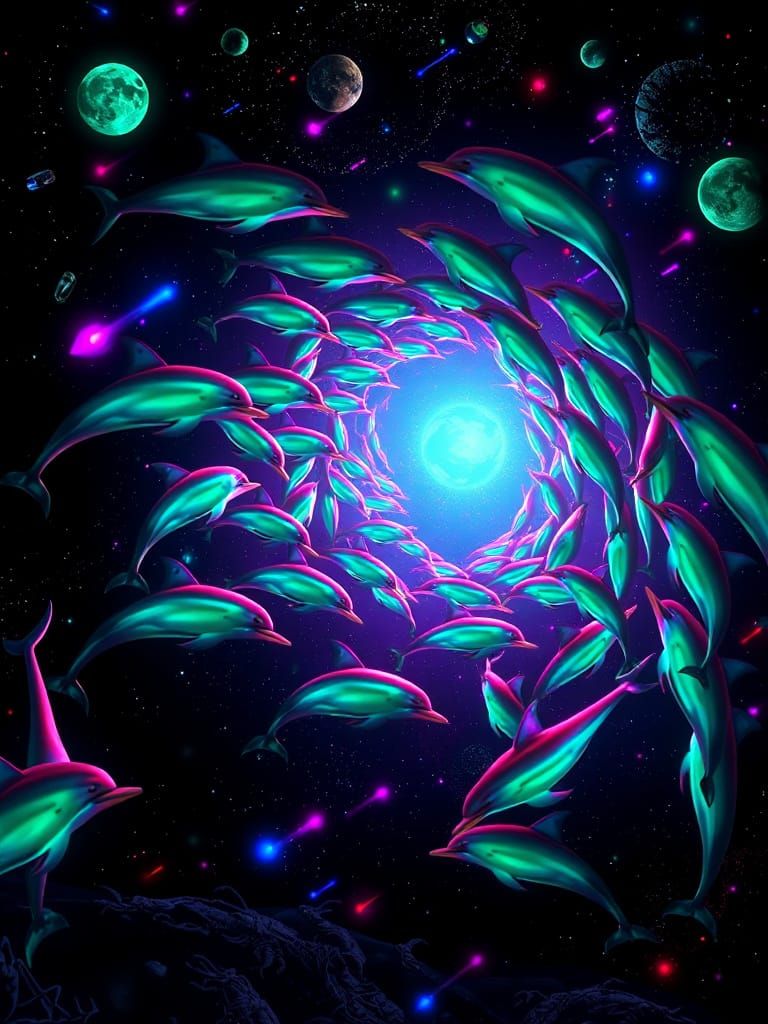 Spiraling Dolphins in Cosmic Bioluminescent Dance