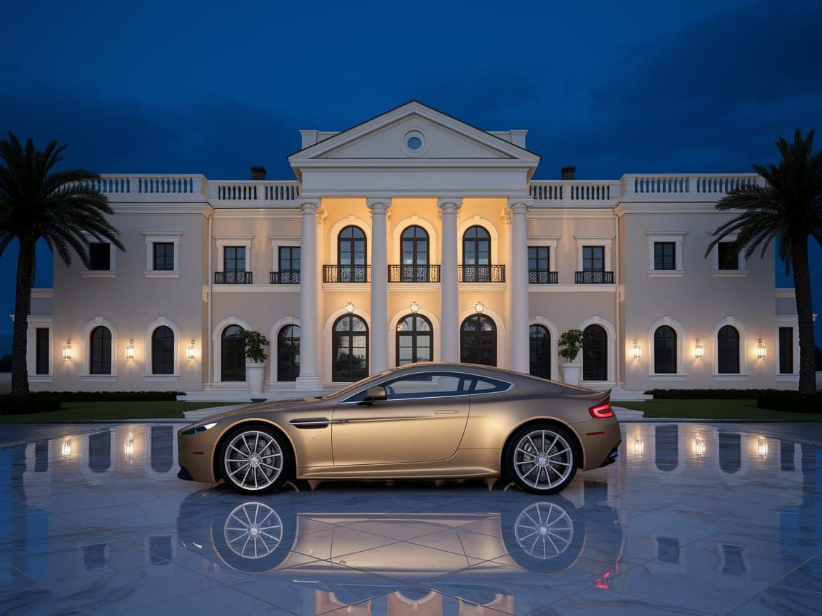 Luxurious Mansion with Gold Aston Martin at Night