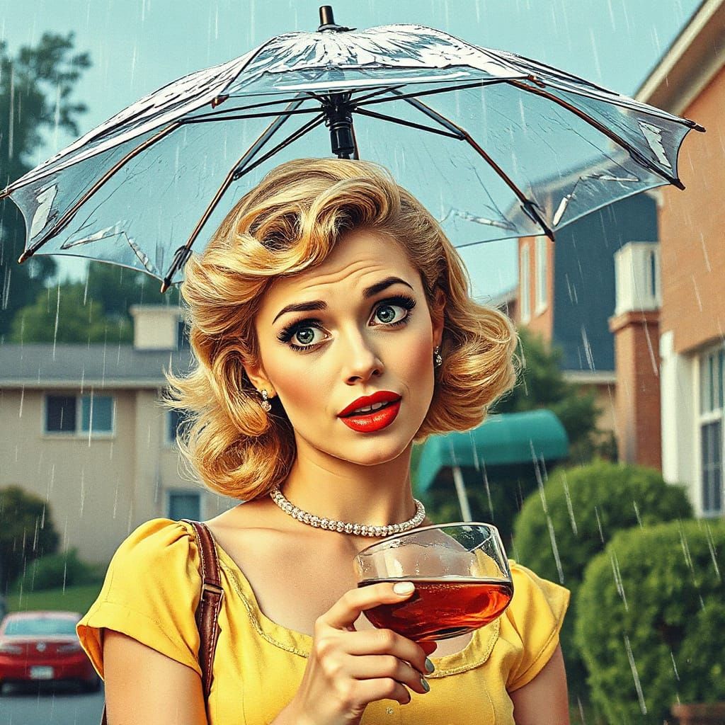 Pin-Up Girl in Rainstorm, Pop Art Style