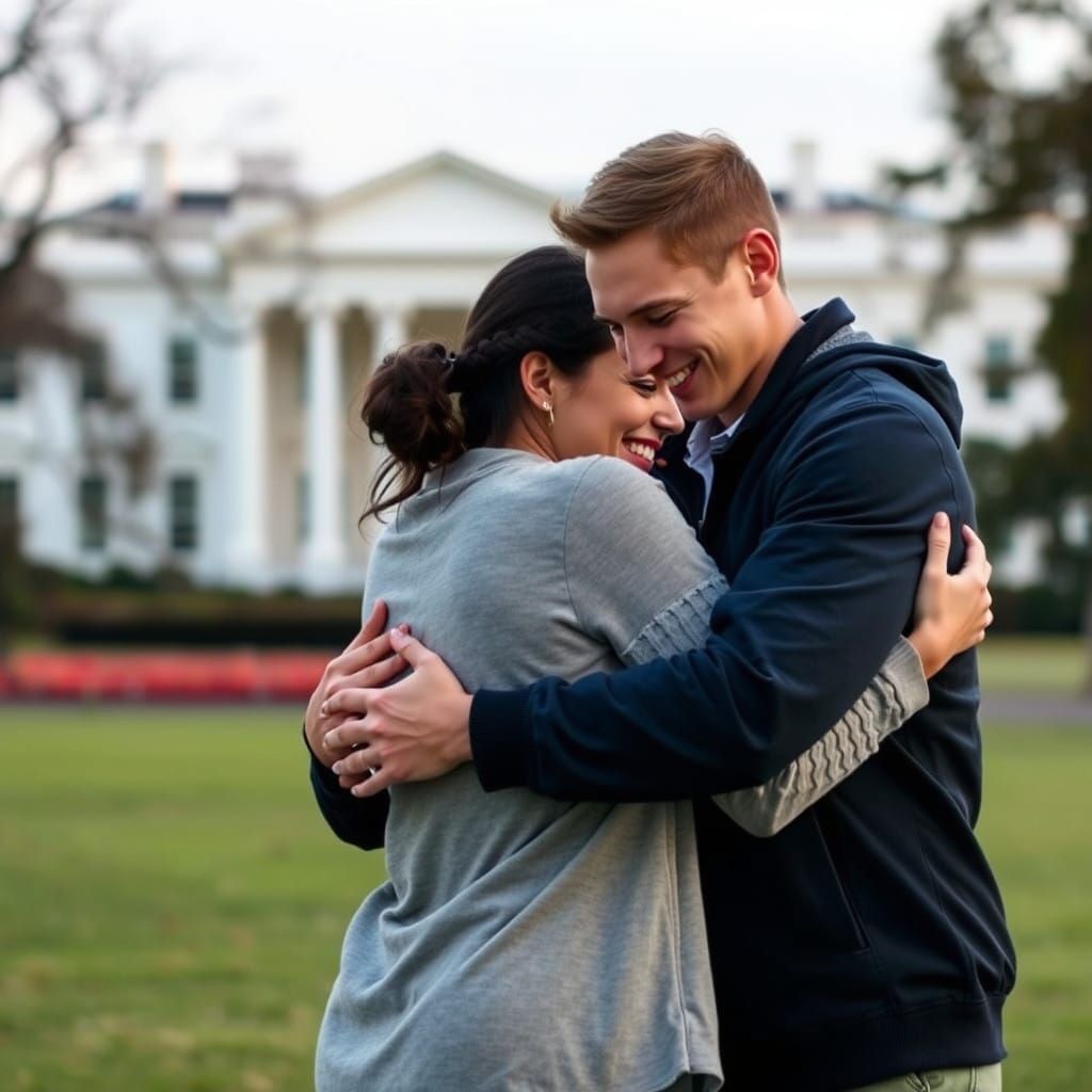 a mixed-race, white and brown, young couple sharing a heartfelt hug, with the White House softly visible in the backgrou...