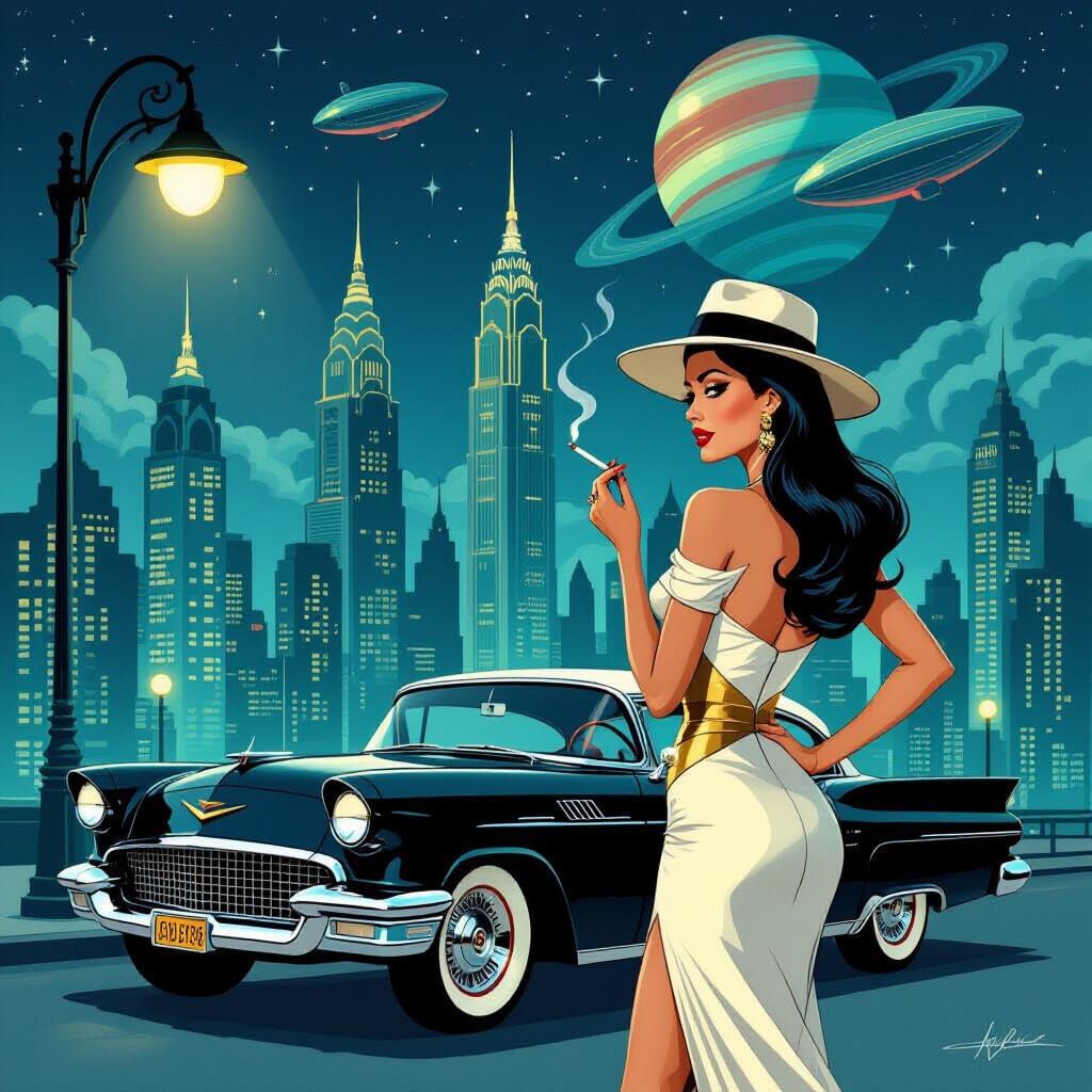 Retro-Futuristic Woman in Cityscape with Blimps