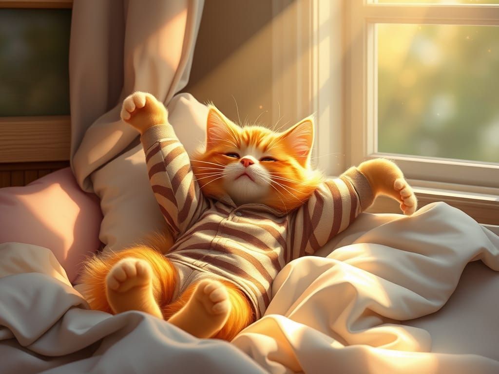 Fluffy Ginger Cat Wakes Up in Cozy Bed