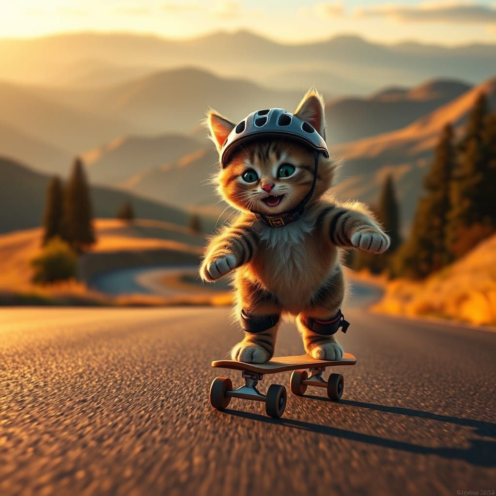Energetic Cat Skates Down Winding Road at Golden Hour