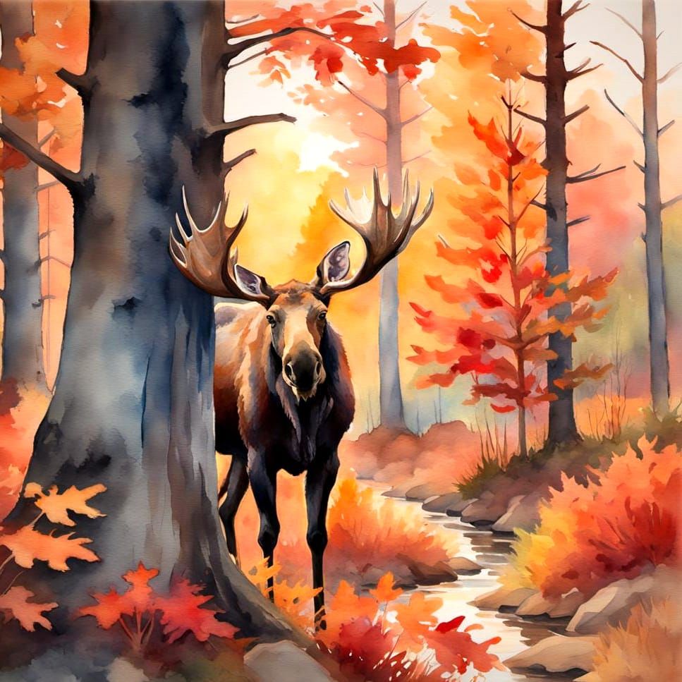 Moose in Autumn Forest: Watercolor Painting