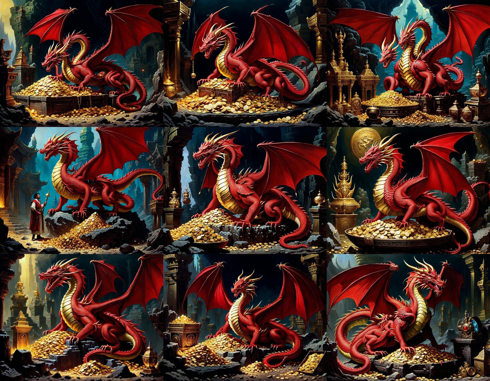 Red Dragon on Treasure Hoard, Fantasy Art