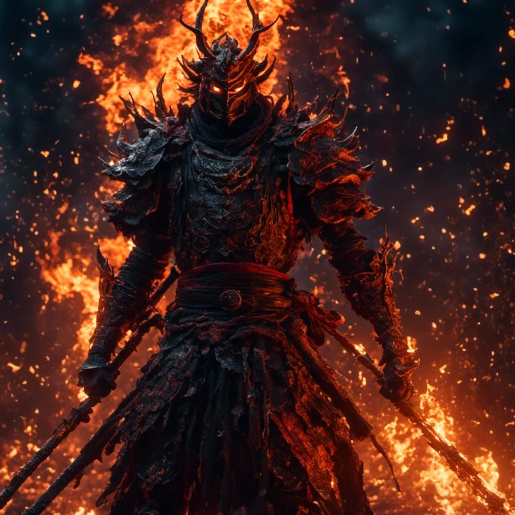 Samurai Warrior in Burning Battlefield: Hyperrealistic Dark ...