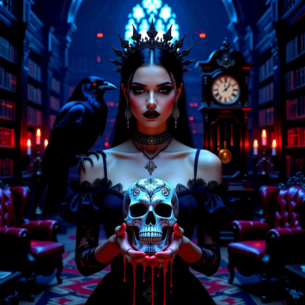 Gothic Model in Surreal Library as Digital Art