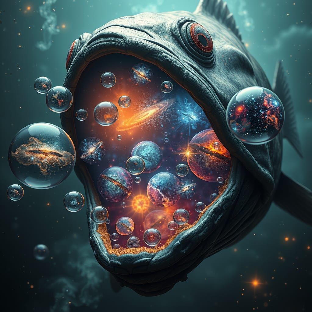 Cosmic Fish Exhaling Galaxy Bubbles: Digital Matte Painting