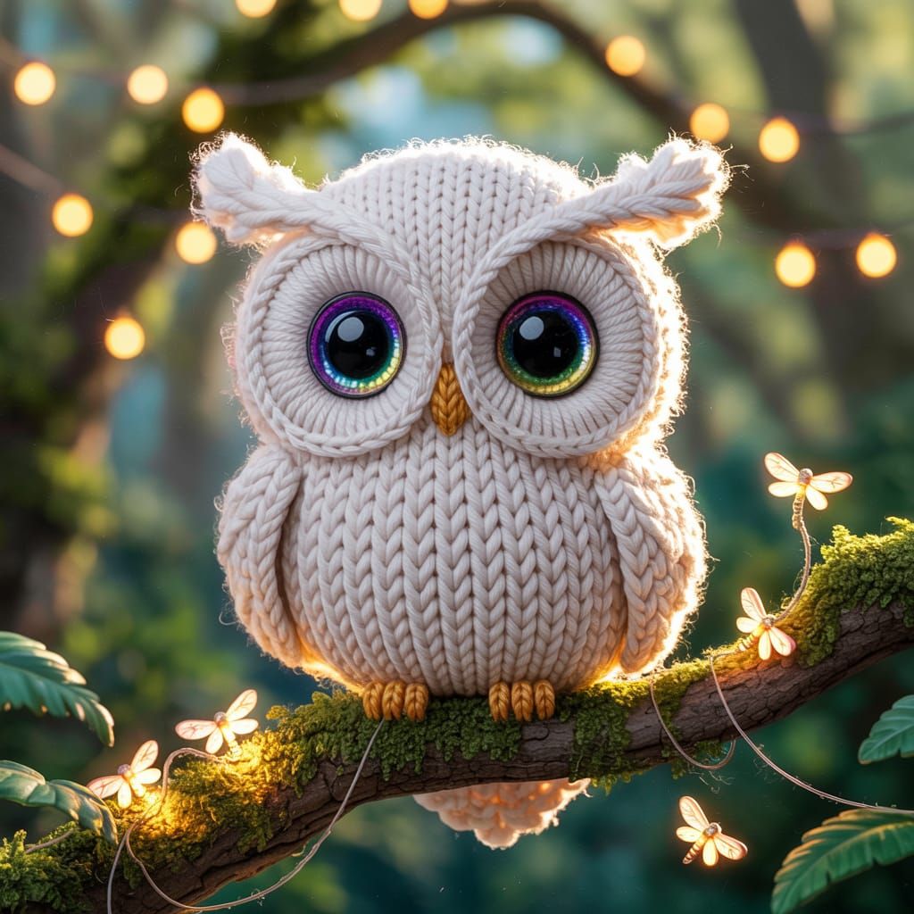 Knitted Yarn Owl Portrait with Rainbow Eyes