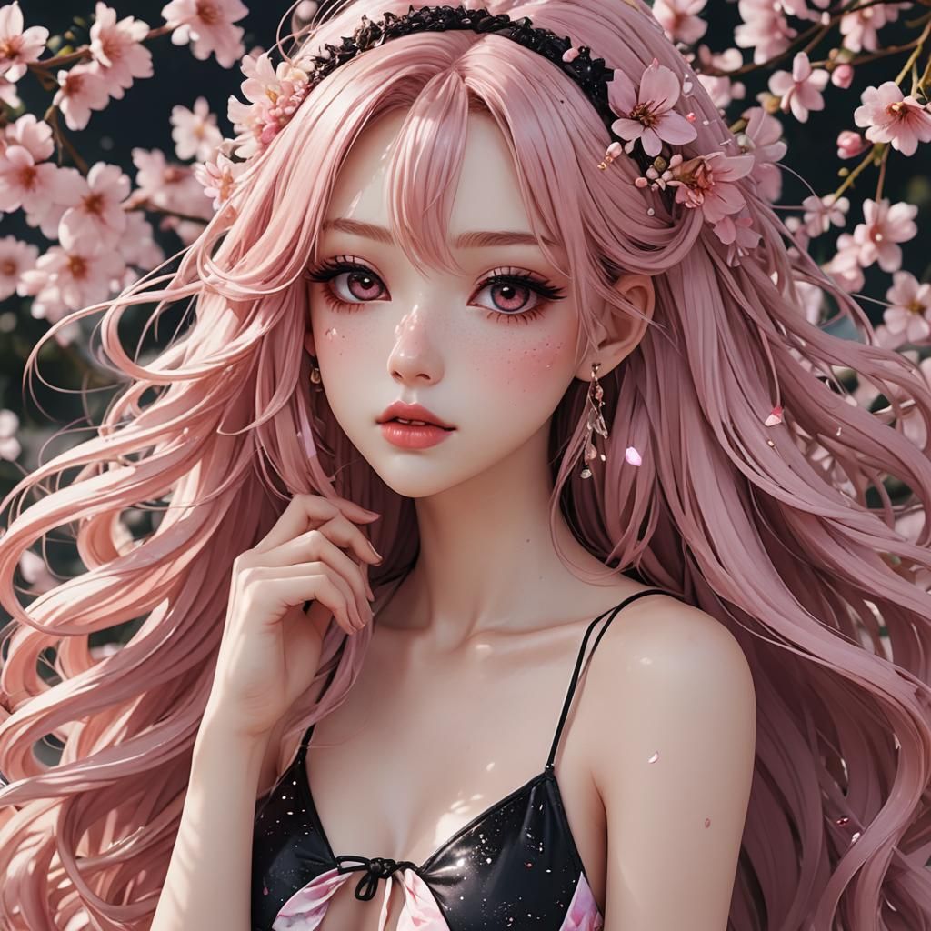 Pink-Haired Anime Girl in Floral Bikini, 3D Art
