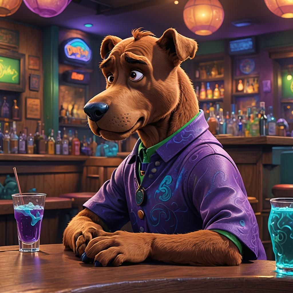 Sad Scooby-Doo at Bar: Pixar-Style 3D Digital Art