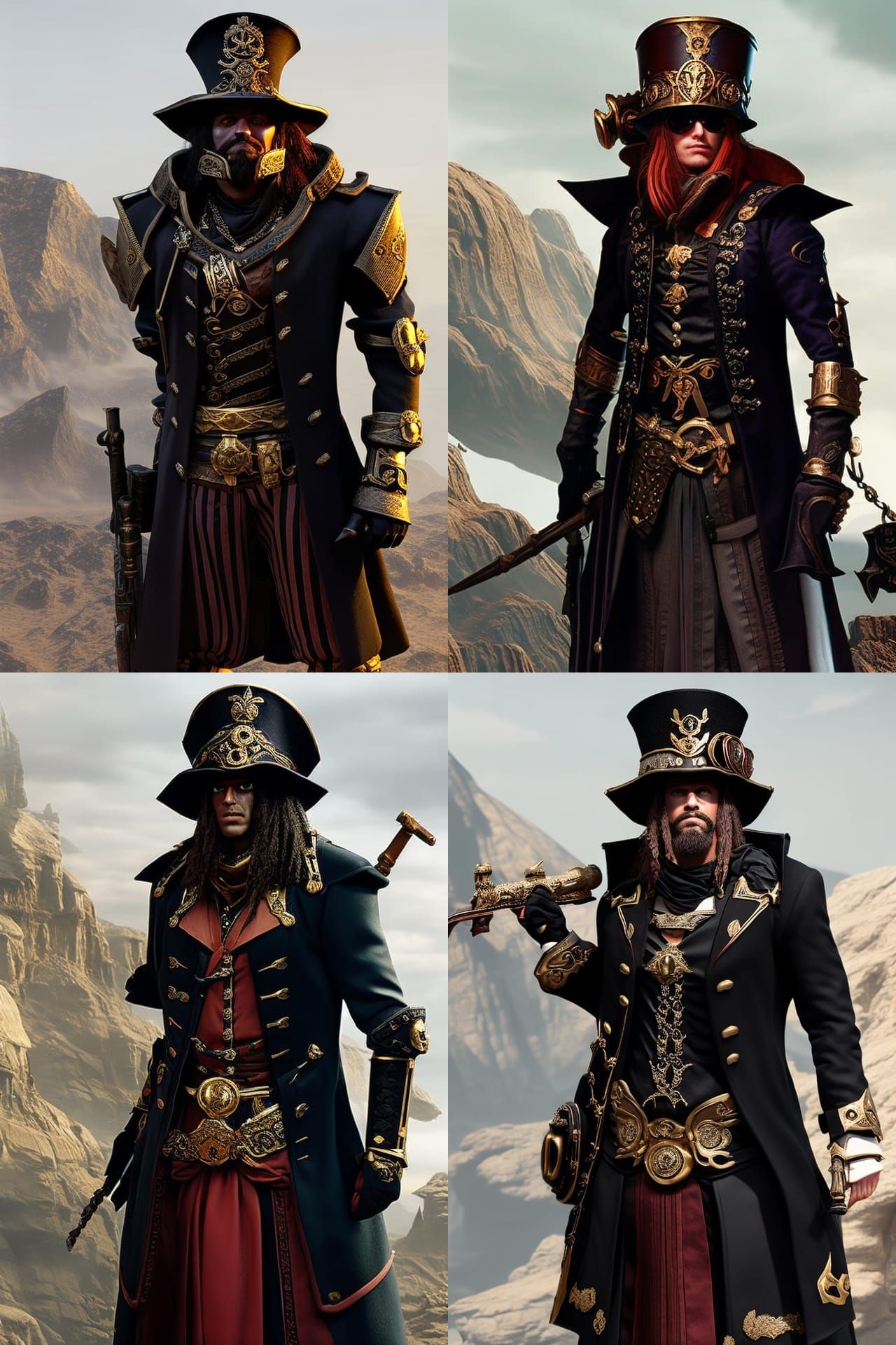 A pirate adorned in lavish black garments with intriquet but...
