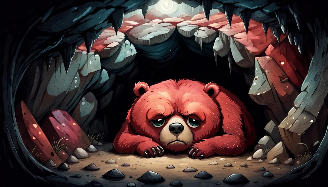 Surreal Grumpy Bear in a Cozy Cave Scene, Inspired by Whimsi...