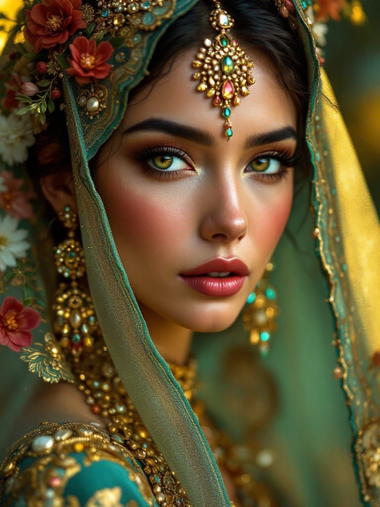 Regal Woman's Jewel-Toned Portrait in Klimt & Dittmann Style