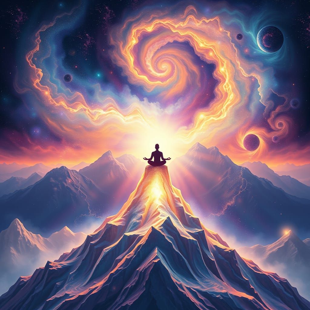 Figure Meditating on Glowing Mountain Peak Amid Cosmic Nebul...