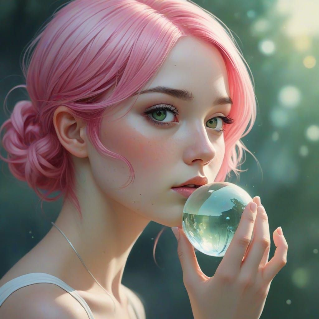 Ethereal Goddess with Pink Hair and Emerald Eyes Holding Cry...