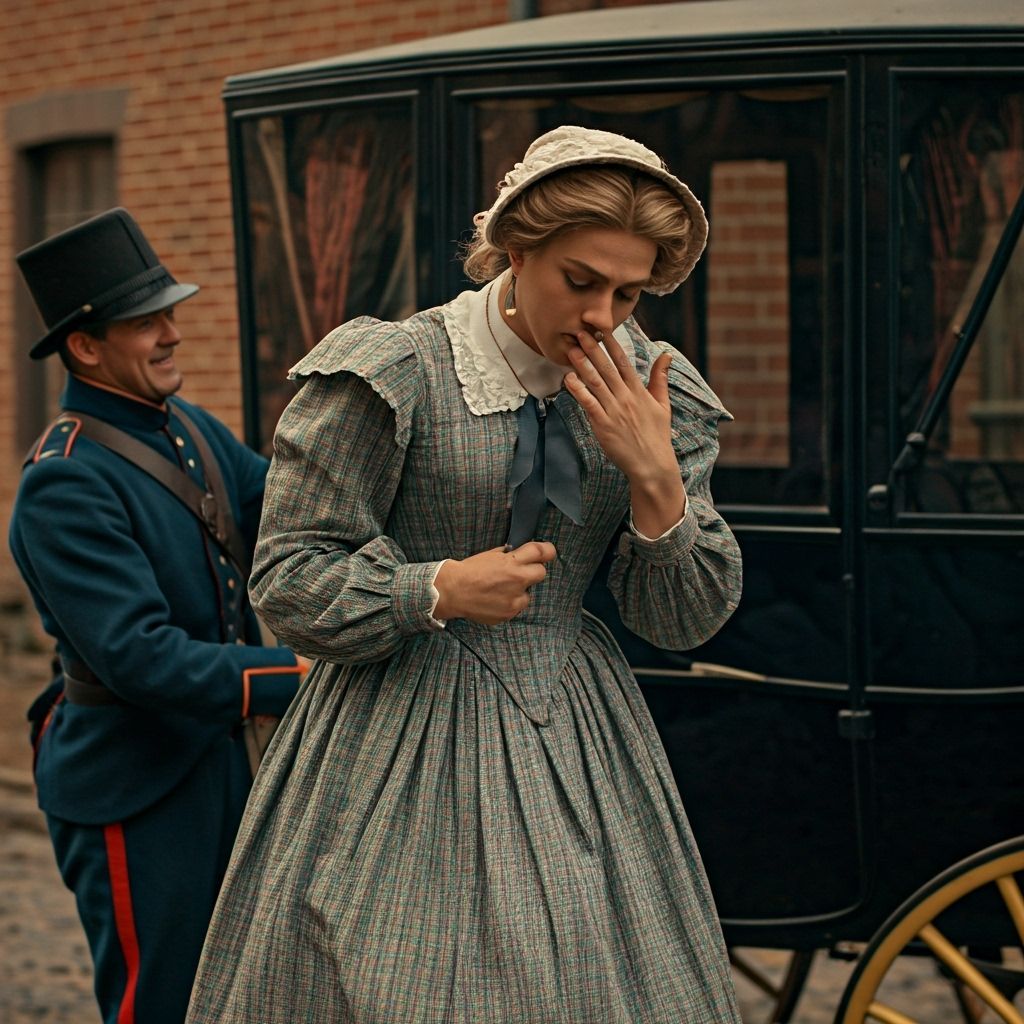 Embarrassed Young Man in 19th Century Crossdressed Attire