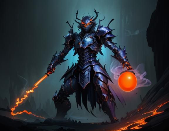 Armored Insect Demon in Fiery Realm: Dark Fantasy Art