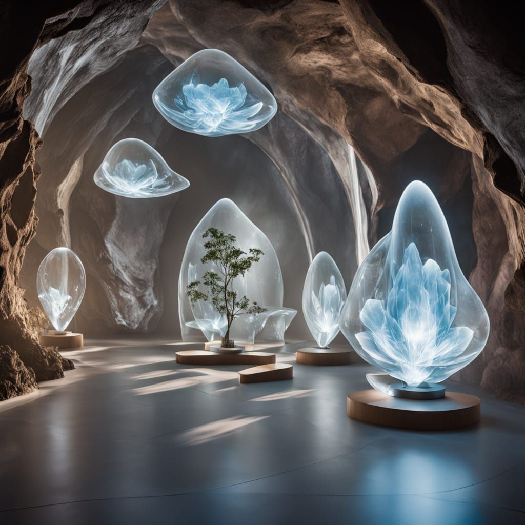Futuristic Library in Crystal Cave with Bioluminescent Plant...