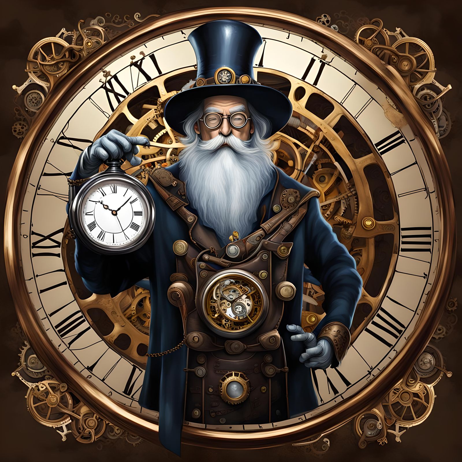 Steampunk Wizard Holding Clockwork Engine
