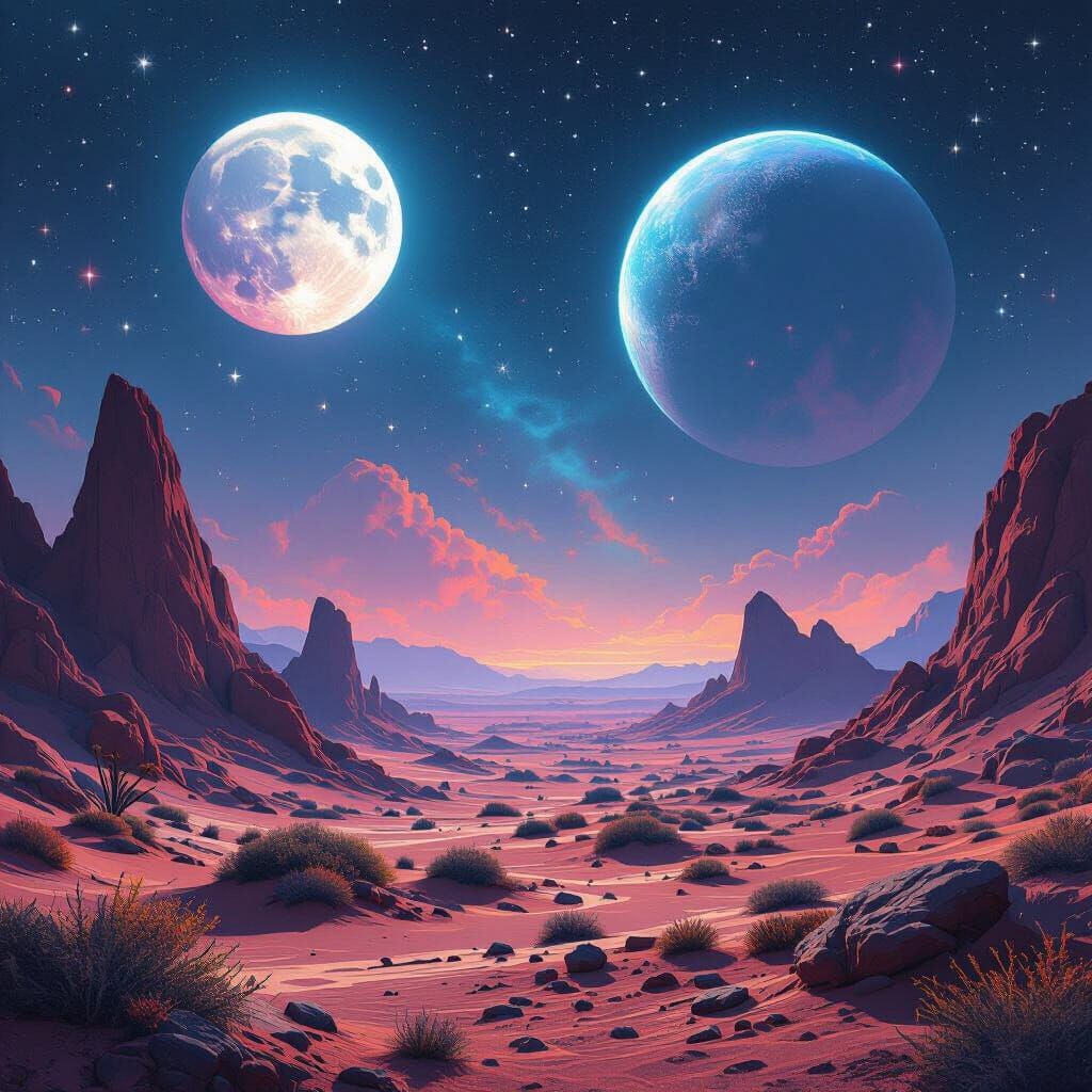 Vibrant Alien Desert Under Twin Moons