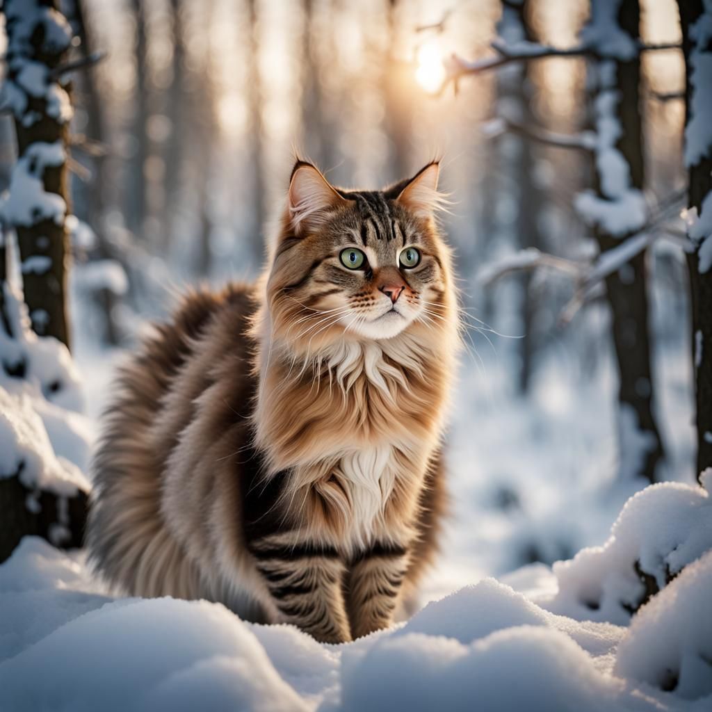 Siberian Cat Portrait in Winter Forest