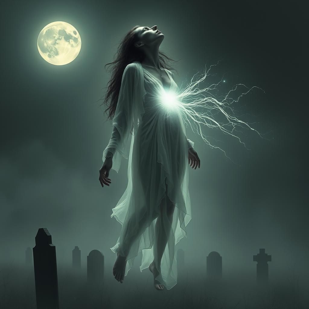 Ethereal Ghostly Figure in Graveyard, Surreal Art