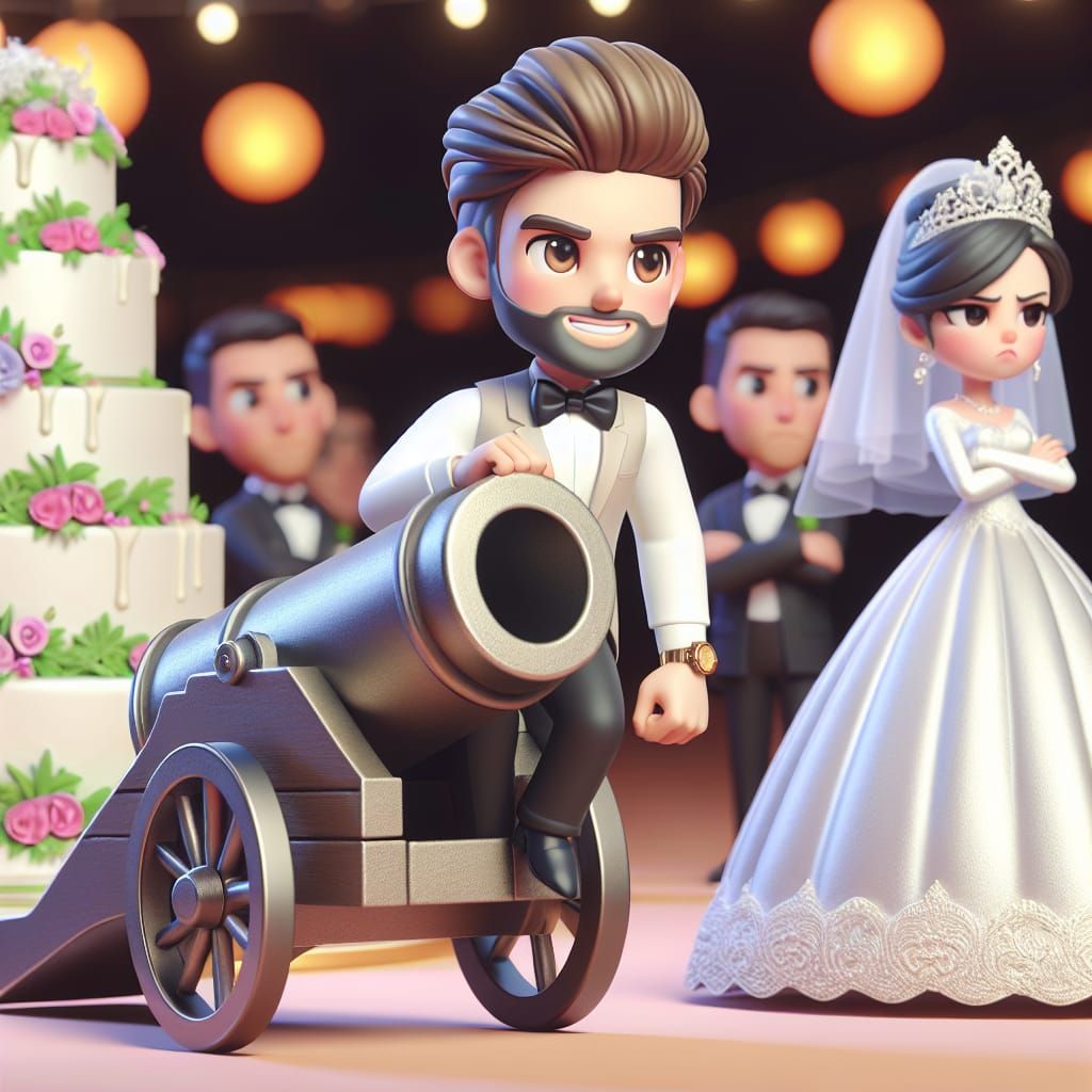 Disney Pixar style 3D handsome groom, in a canon, getting re...