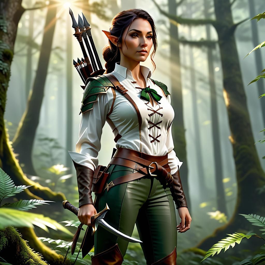 Half-Elf Ranger in Misty Forest, Fantasy Art