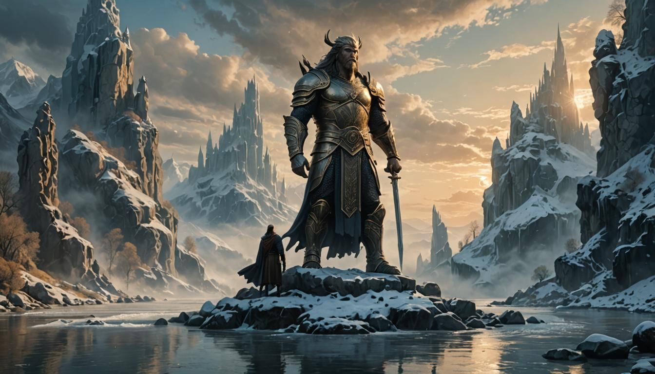 Monumental Statues Guard River in Epic Fantasy Art