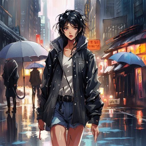 Beautiful Asian Woman in Rainy Cityscape