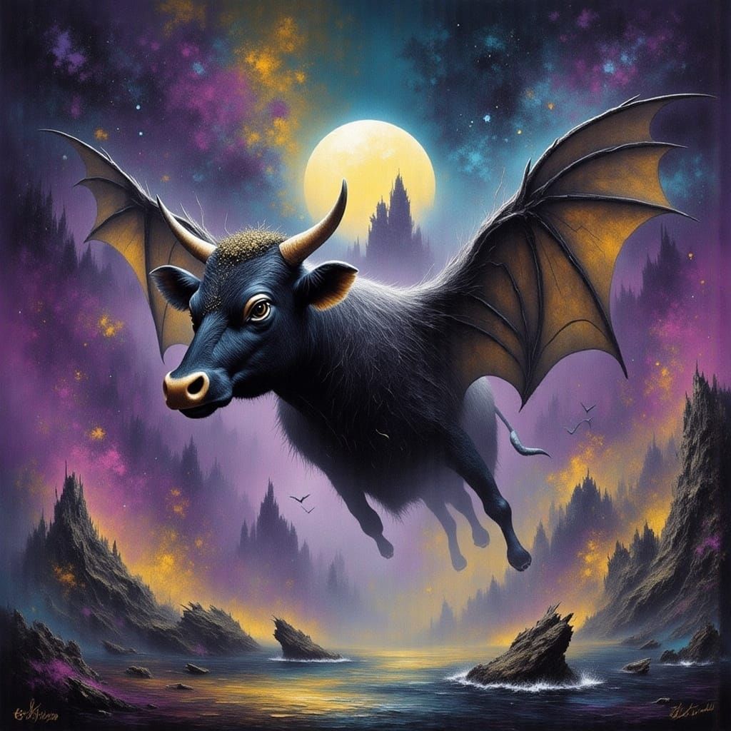 Bat-Cow Soars Under Full Moon in Vibrant Dreamlike Landscape