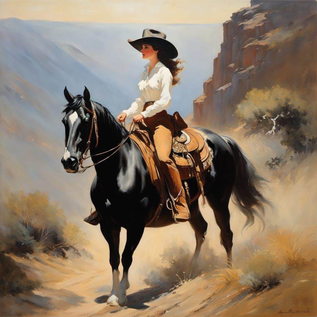 Cowgirl on Pinto Horse, Impressionistic Oil Painting