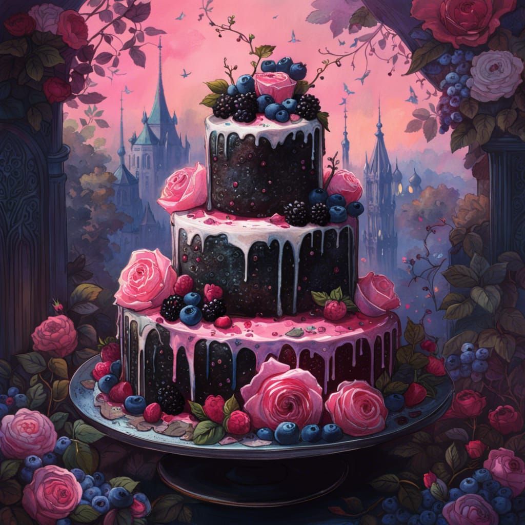 Stunning Gothic cake with pink roses and blueberries and bla...