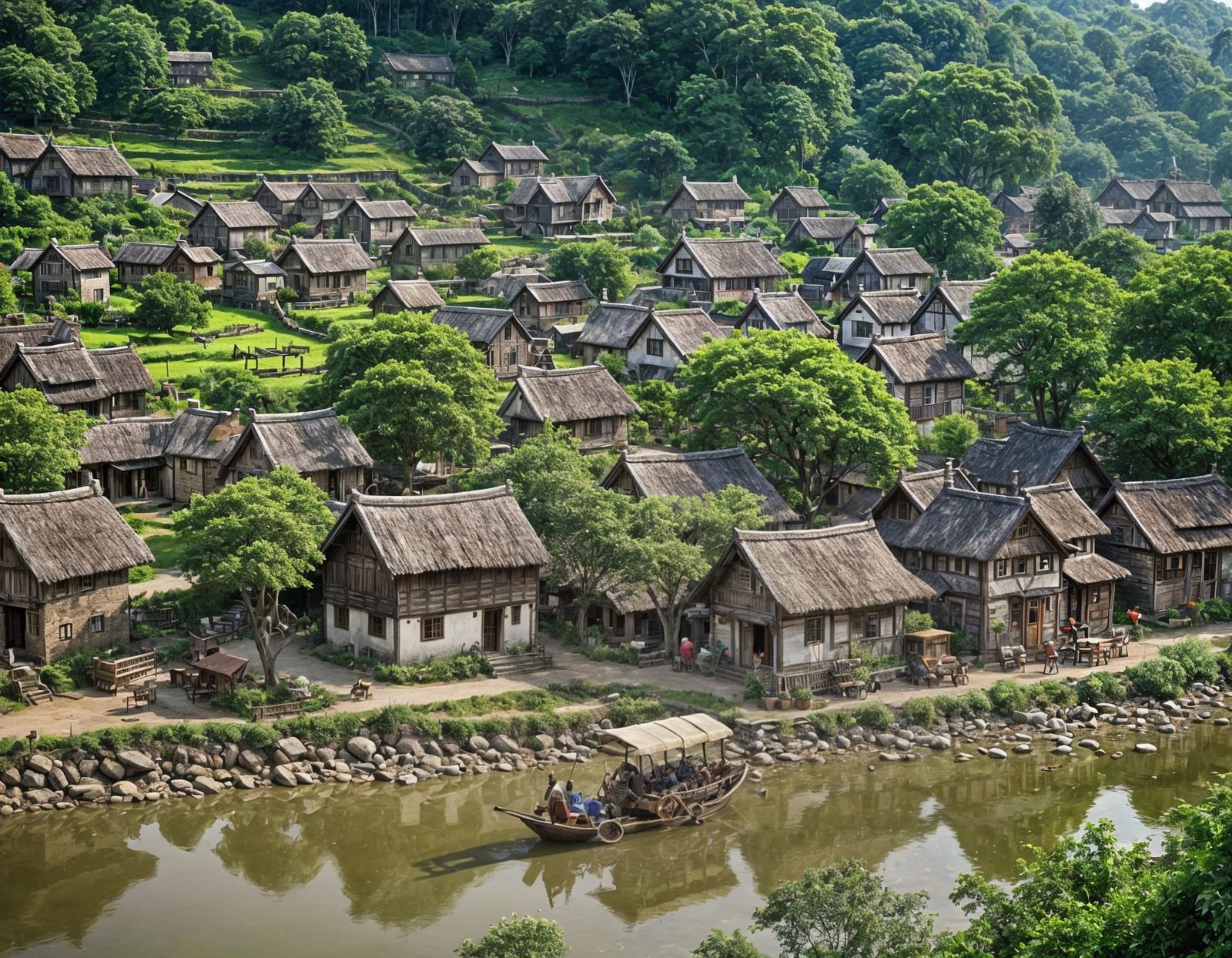 Vibrant Village Scene with Natural Light