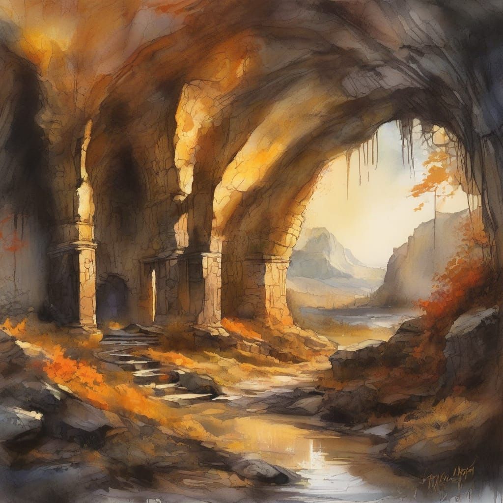 Medieval English Gothic Abode in Autumn Ink Watercolour Styl...