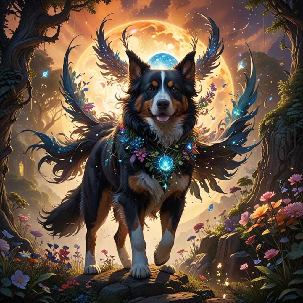 Fantastical Bernese Mountain Dog in Whimsical Watercolor Gar...