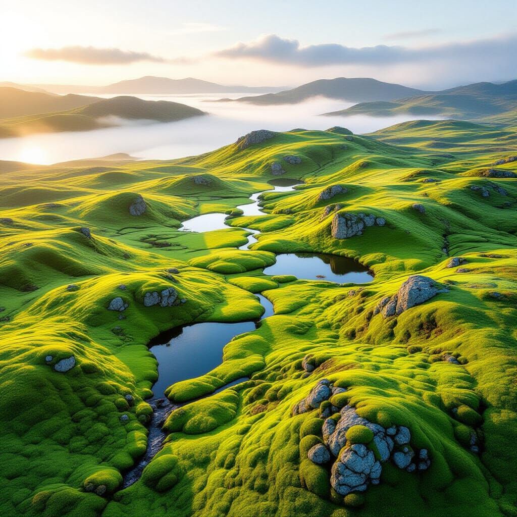 Aerial View of Moss Island's Lush Green Hills