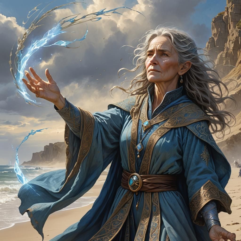 Halfling Sorceress Casting Spell on Windy Beach